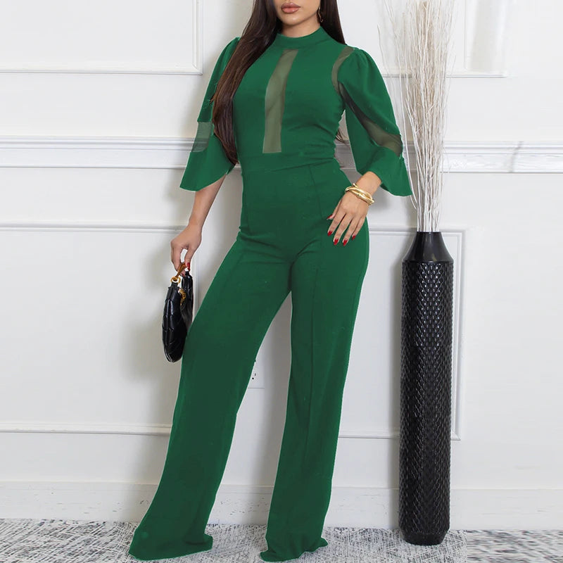 Office Lady O-neck Short Sleeved Romper Fashion Party Solid Color Long Pants Playsuit Mesh Splicing High Waist Straight Jumpsuit