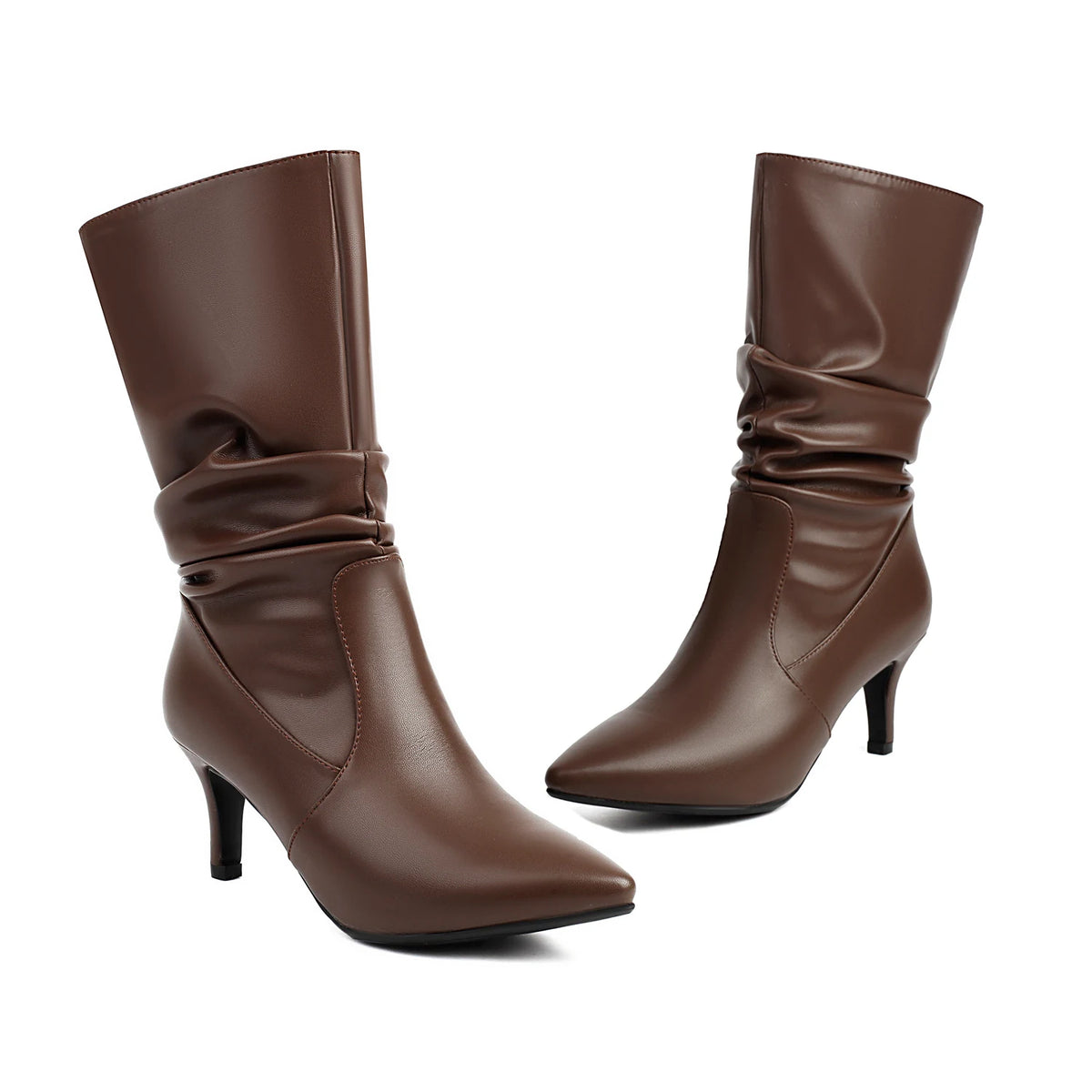 Metallic Pleated Pointed Toe Mid-Calf Stiletto Boots for Women