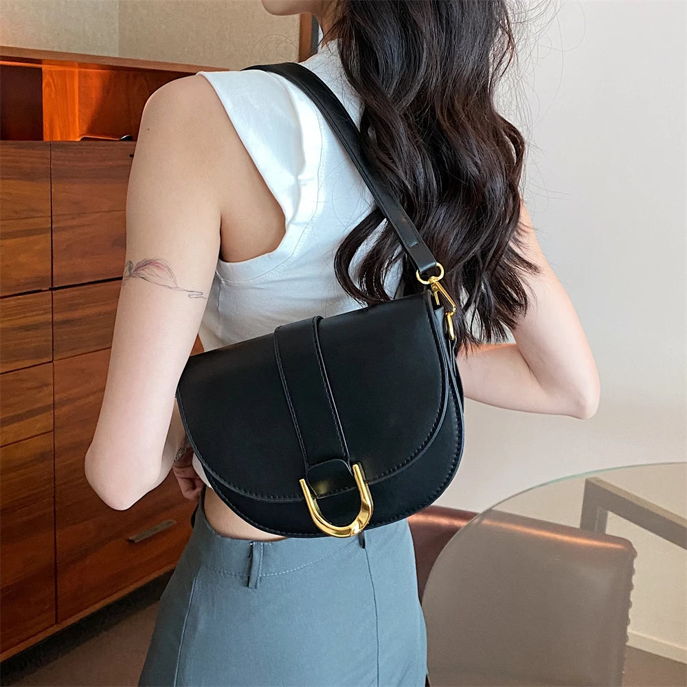 Solid Color Leather With Golden Hardware Saddle Shoulder Bag for Women