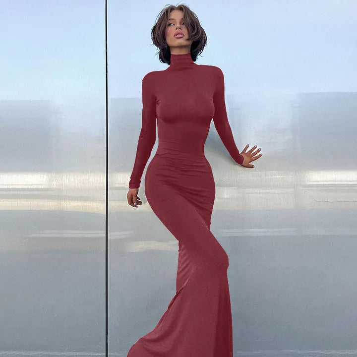 Cryptographic Fall Winter Turtleneck Elegant Long Sleeve Maxi Dress Outfits for Women Casual Fashion Bodycon Dresses Vestido