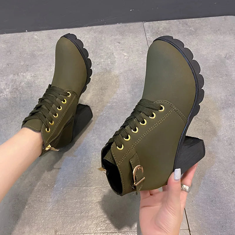 Lace-Up Platform Ankle Boots With Square Heels for Women