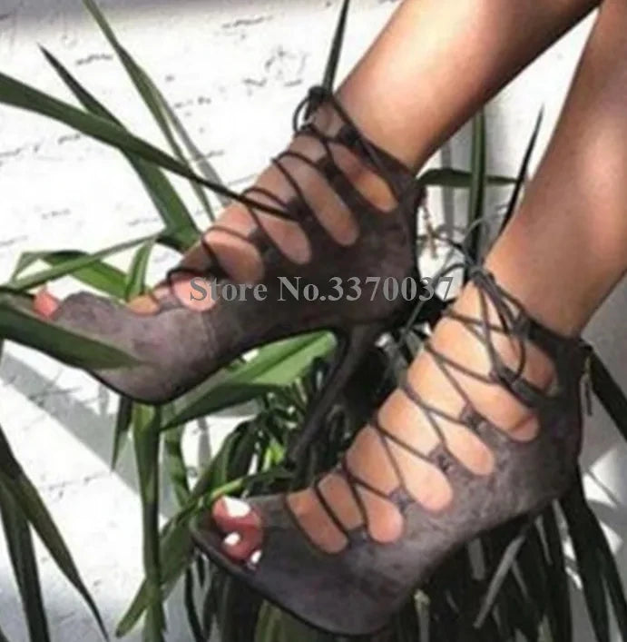 Lace Up Cross Strap Peep Toe Suede Leather Stiletto Pumps for Women