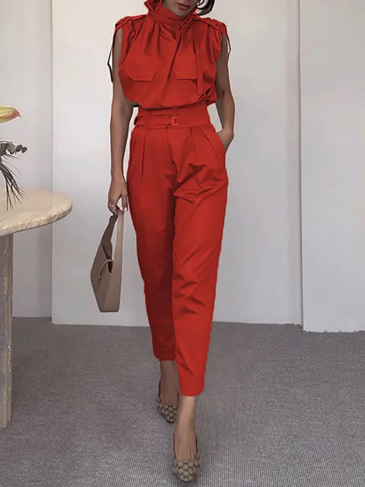 Sleeveless Turtleneck Simple Matching Set, Women Summer Cargo Pants Fashion Outfit, Solid Patchwork Chic Ladies Suits Streetwear