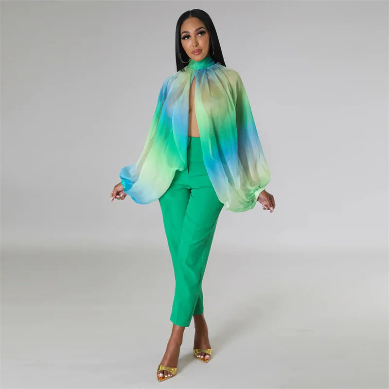 Printed Batwing Sleeve Chiffon Blouse With Sheer Front for Women