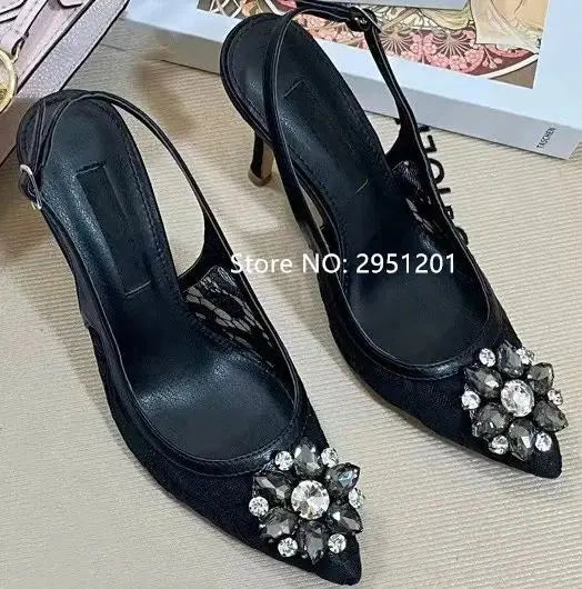 Pink Floral Print Rhinestone Slingback Dress Pumps High Heels For Women