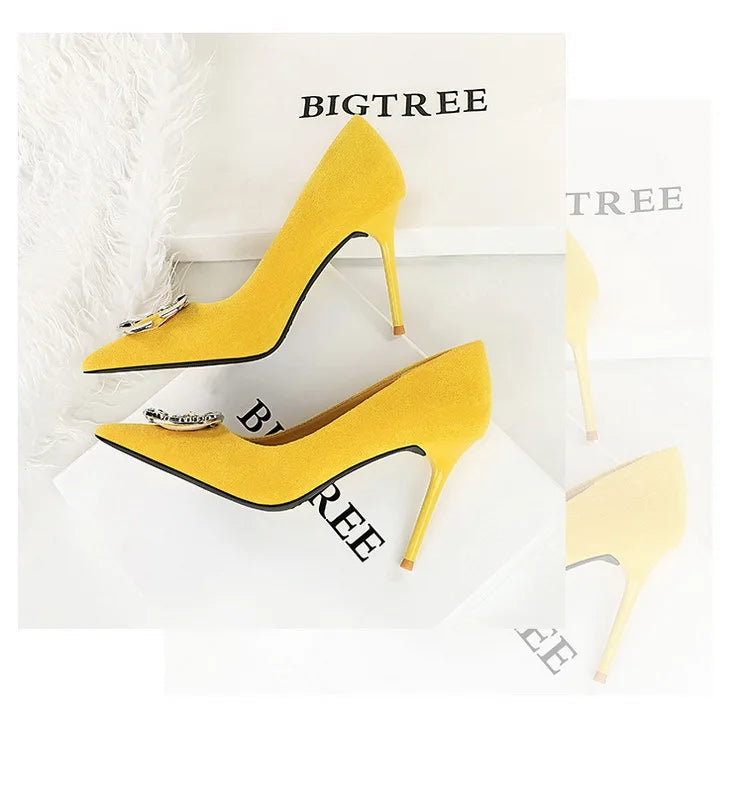 Elegant Rhinestone Buckle Suede High Heel Pumps for Women
