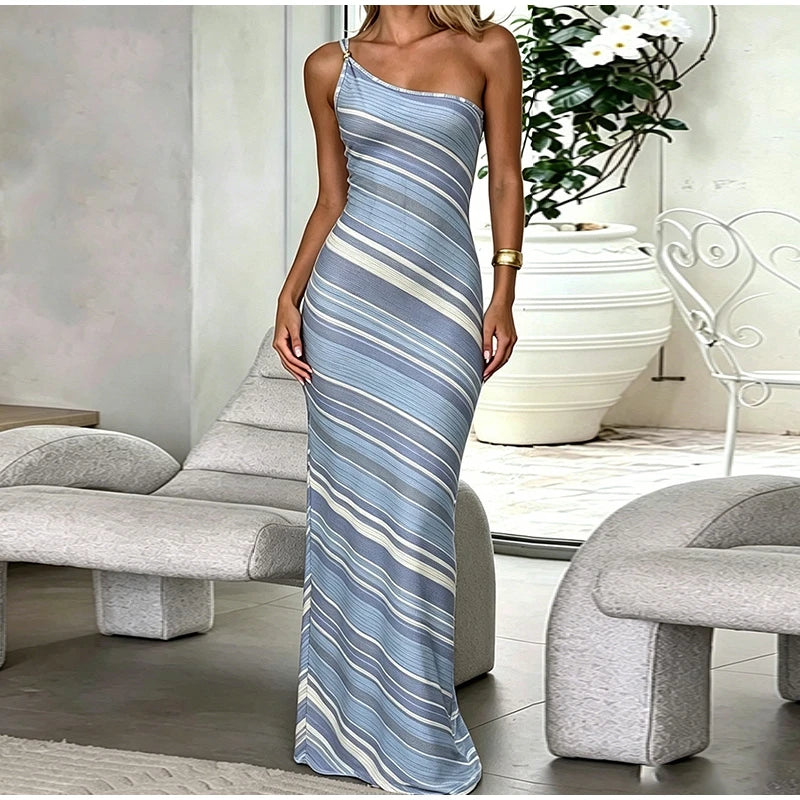 Elegant One Shoulder Printed Mid-Calf Dress for Women