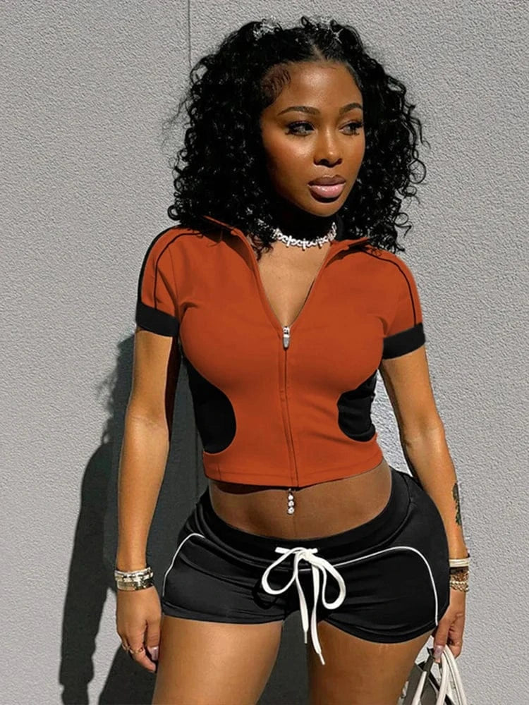 Weird Puss Summer Women Casual 2 Piece Set Tracksuit Zip Patchwork Shorts Sleeve Crop Tops+Shorts Stretch Sporty Outfits