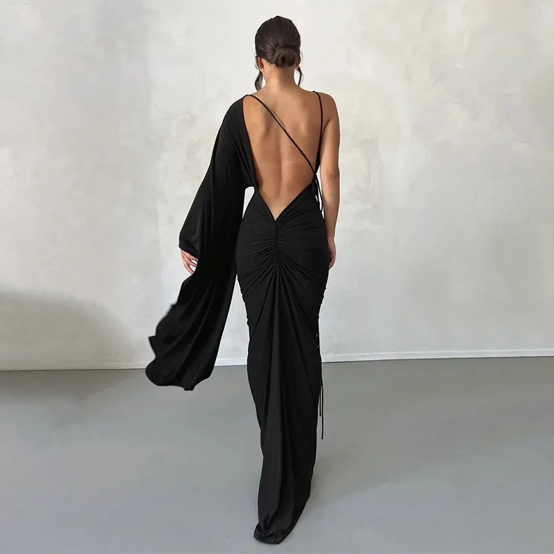 Cryptographic Fashion Draped Deep V Sexy Backless Maxi Dresses Party Club Women Elegant One Shoulder Gown Slip Dresses Ruched