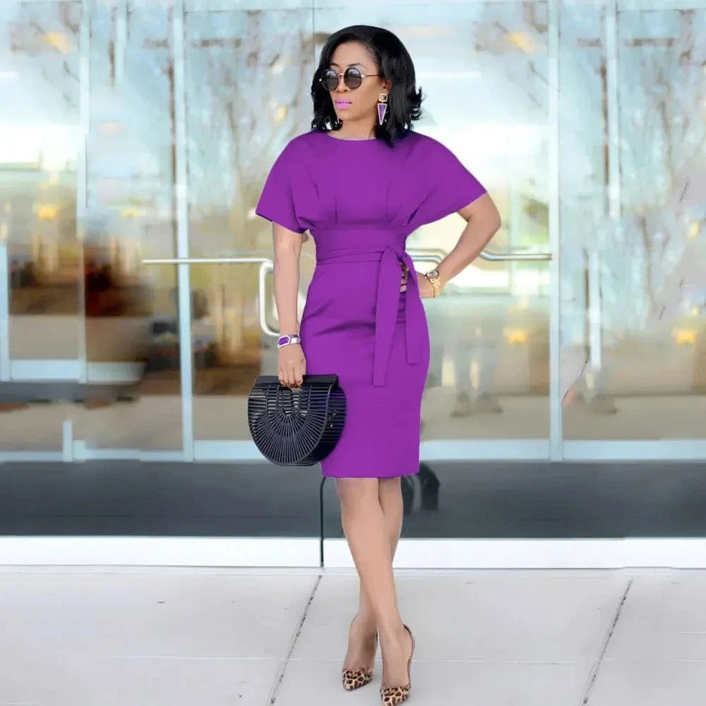 Women's Elegant Pencil Midi Dress Short Sleeve Party Cocktail Dresses with Belt