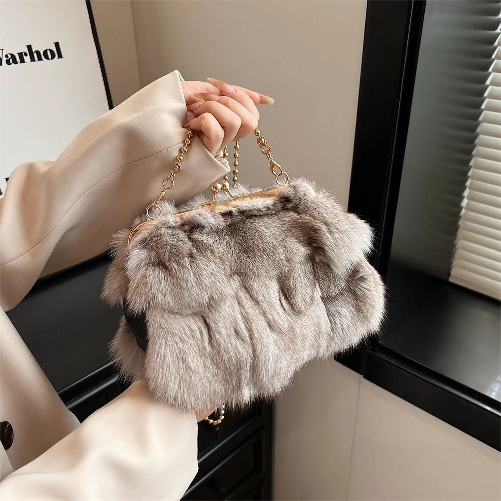 Luxurious Fox Fur Evening Clutch with Chain for Women