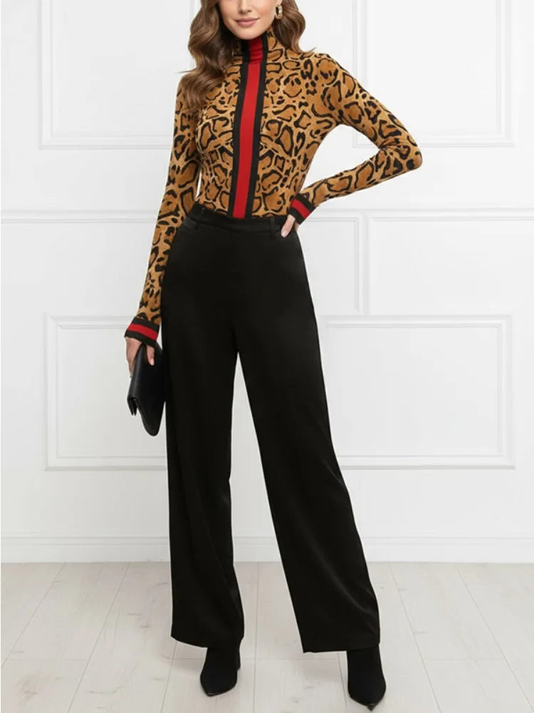 Women's Slim Fit Leopard Printed Turtleneck Blouse Fashion Contrast Striped Long Sleeves Casual Daily Office Basics Tops