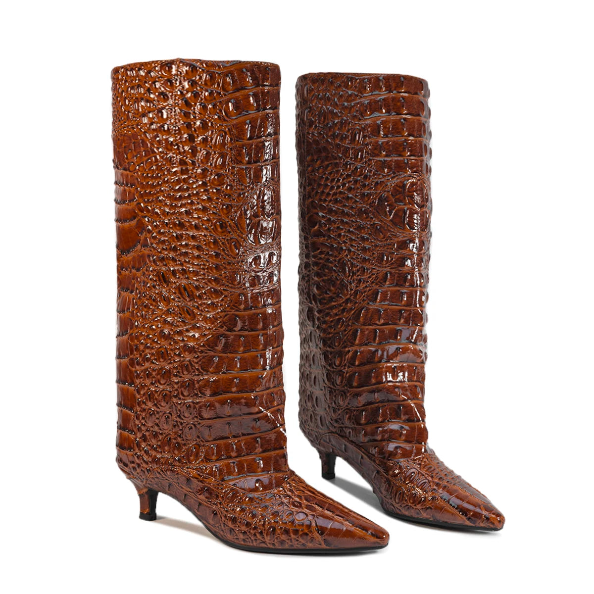 Crocodile Print Wide Shaft Kitten Heel Knee High Boots for Women