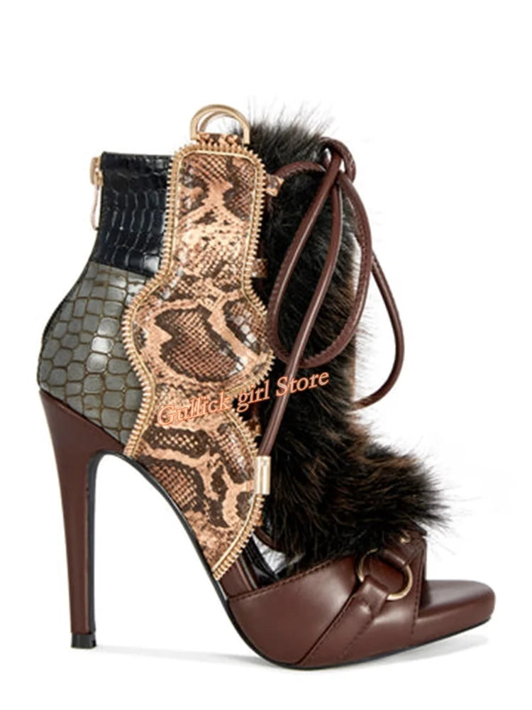 Faux Fur Open Toe Knee High Sandal Boots for Women