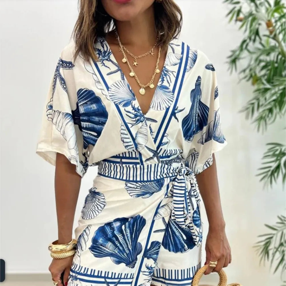 Seashell Starfish Print Wrap V Neck Short Sleeve Lace Up Romper for Women
