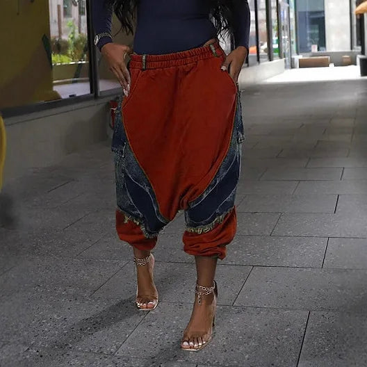 High Waist Patchwork Loose Fit Harem Jeans for Women