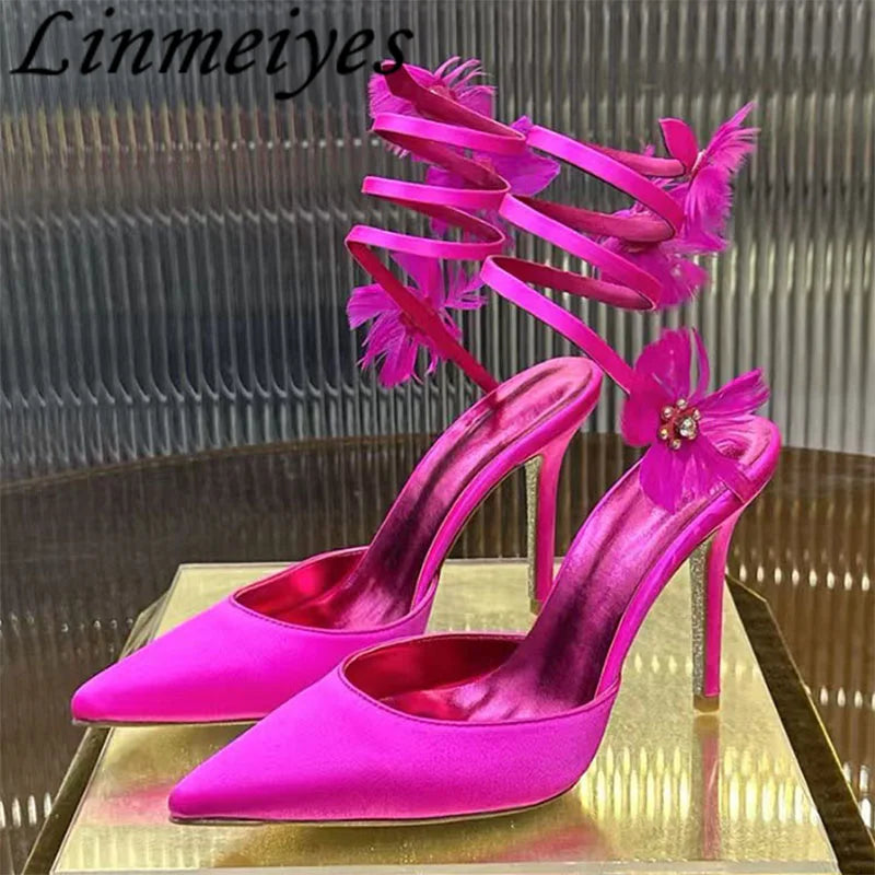 Rhinestone Feather Flower Embellished Ankle Strap High Heel Sandals for Women