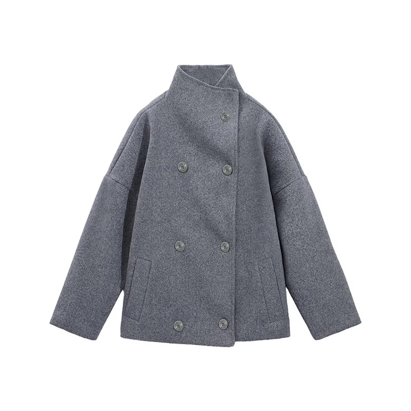 Solid Double Breasted Stand Collar Long Sleeve Overcoat for Women