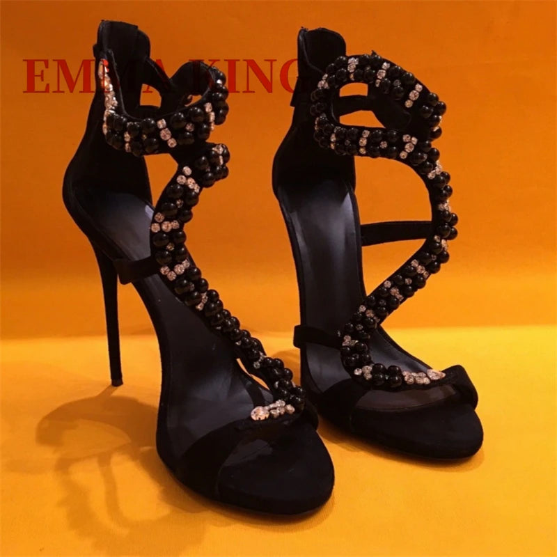 Crystal Embellished Open Toe Thin Heel Sandals for Women