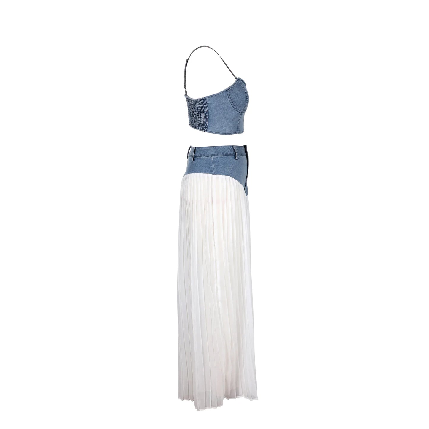 Spaghetti Strap Crop Top Denim Patchwork Two Piece Set for Women