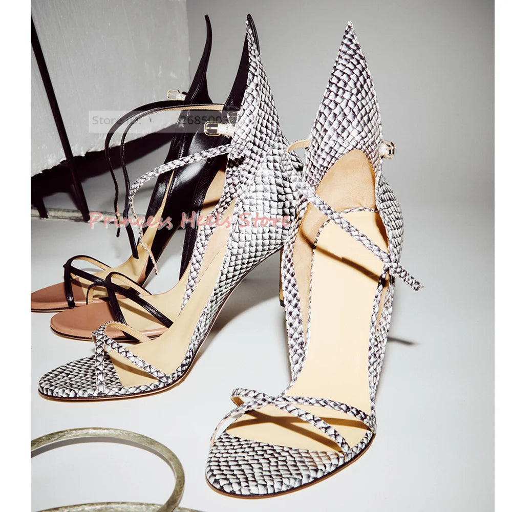 Snake Print Stiletto Sandals With Buckle Straps for Women