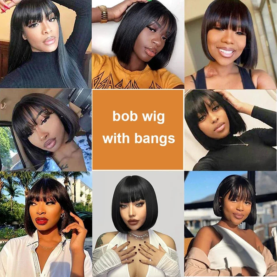 Short Straight Bob Human Hair Wig With Bangs for Women