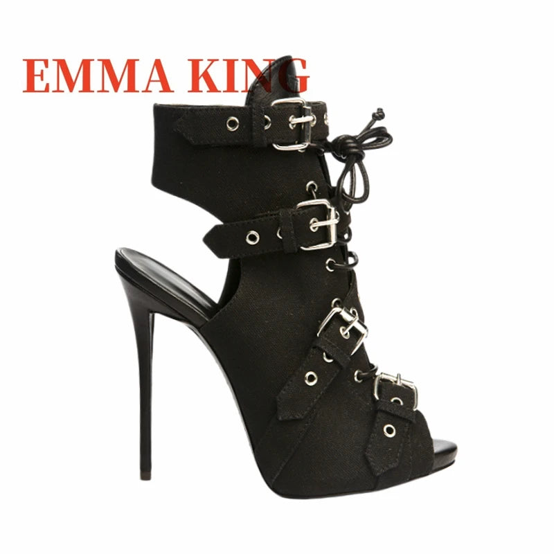 Lace Up Green Canvas Cutout Peep Toe Ankle Boots for Women