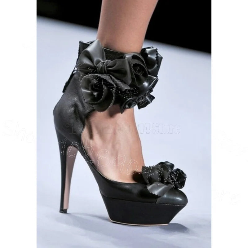 Black Applique Pointed Toe Platform Pumps for Women