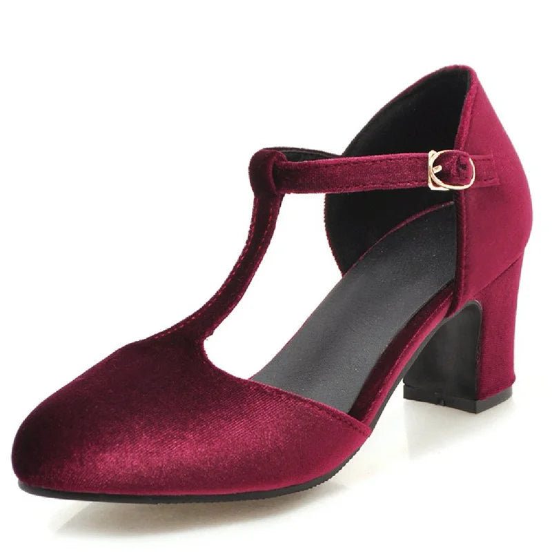 Velvet T Strap Square Heel Mary Janes