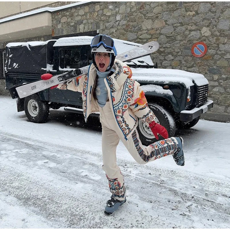 Printed Hooded Ski Jacket And Wide Leg Pants Set for Women