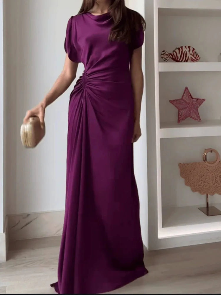 Women Fashion Hight Waist Solid Long Dress 2025 Summer Casual Draped Slim Party Dress Elegant O-neck Short Sleeve Evening Dress
