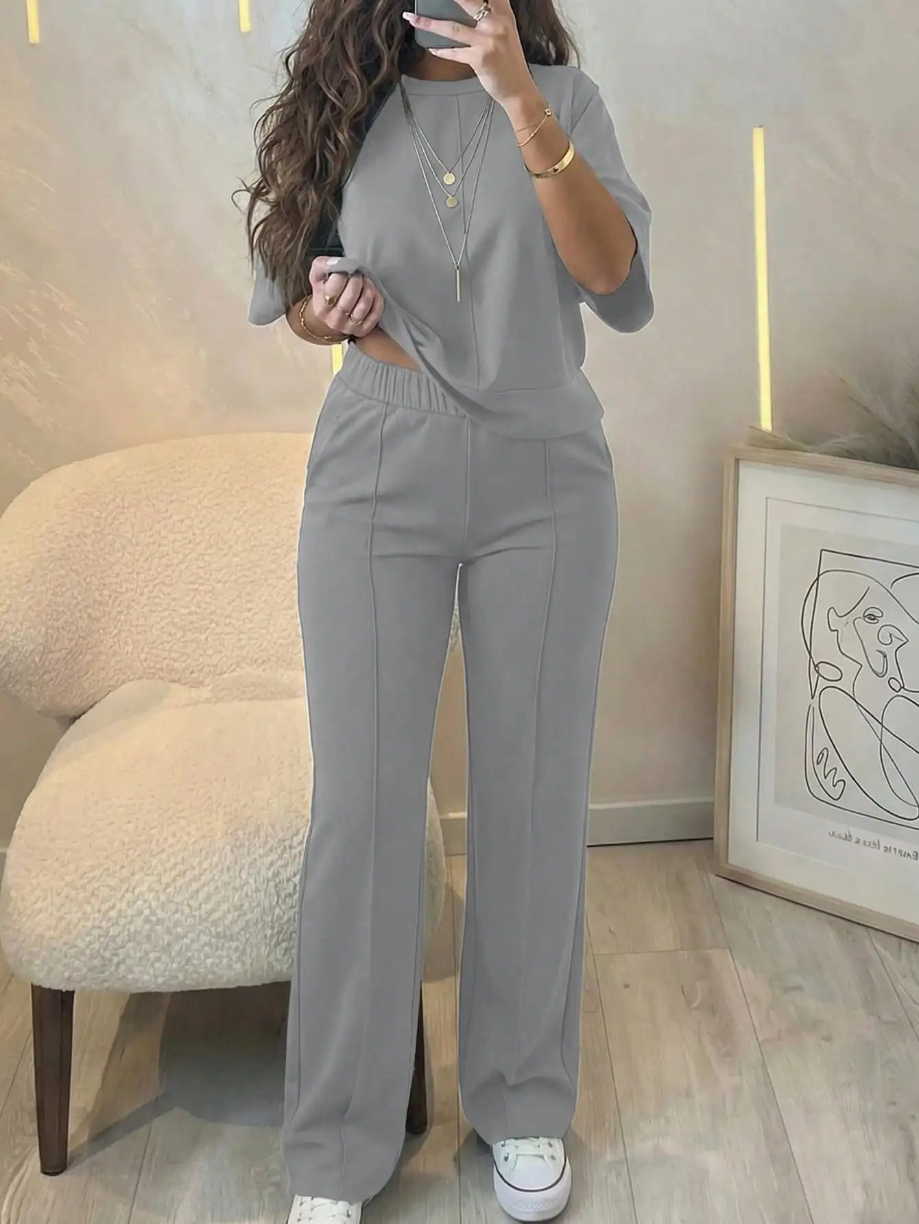 New Spring and Summer Ladies' Set: Comfortable Solid-Color Short-Sleeve Top with Elastic Waist Pocketed Long Pants Two-Piece Set, Soft Stretch Polyester-Acrylic Fabric
