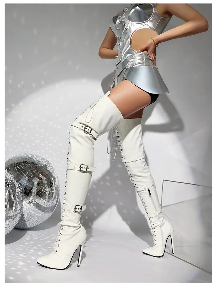 Modern Elegant Pointed Stiletto Heel Thigh High Leather Boots For Women