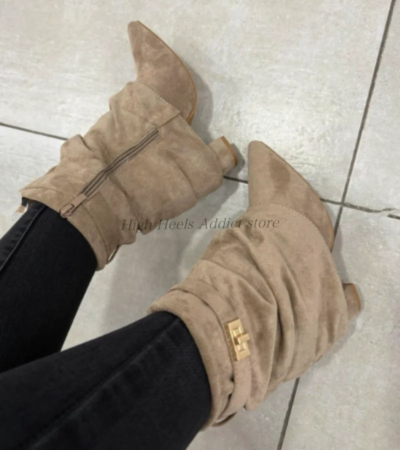 Suede Pointed Toe Metal Buckle Chunky Heel Mid Calf Boots For Women