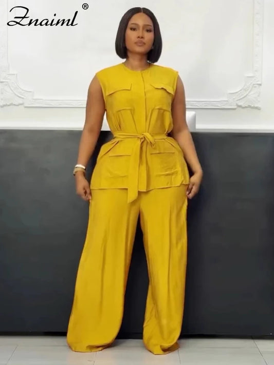 Znaiml Elegant Loose O-neck Sleeveless Pockets Bandage Top and Wide Leg Pants 2 Pieces Sets Women Casual Streetwear Outfits y2k