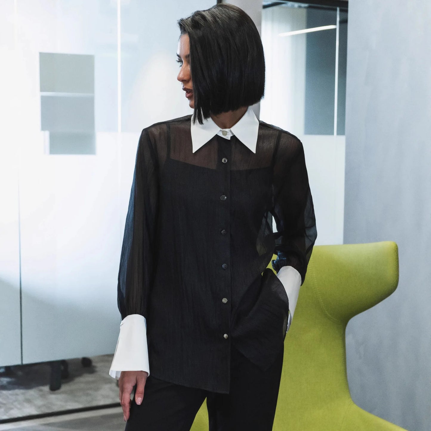 Summer Elegant Spliced See Through Mesh Blouse for Women
