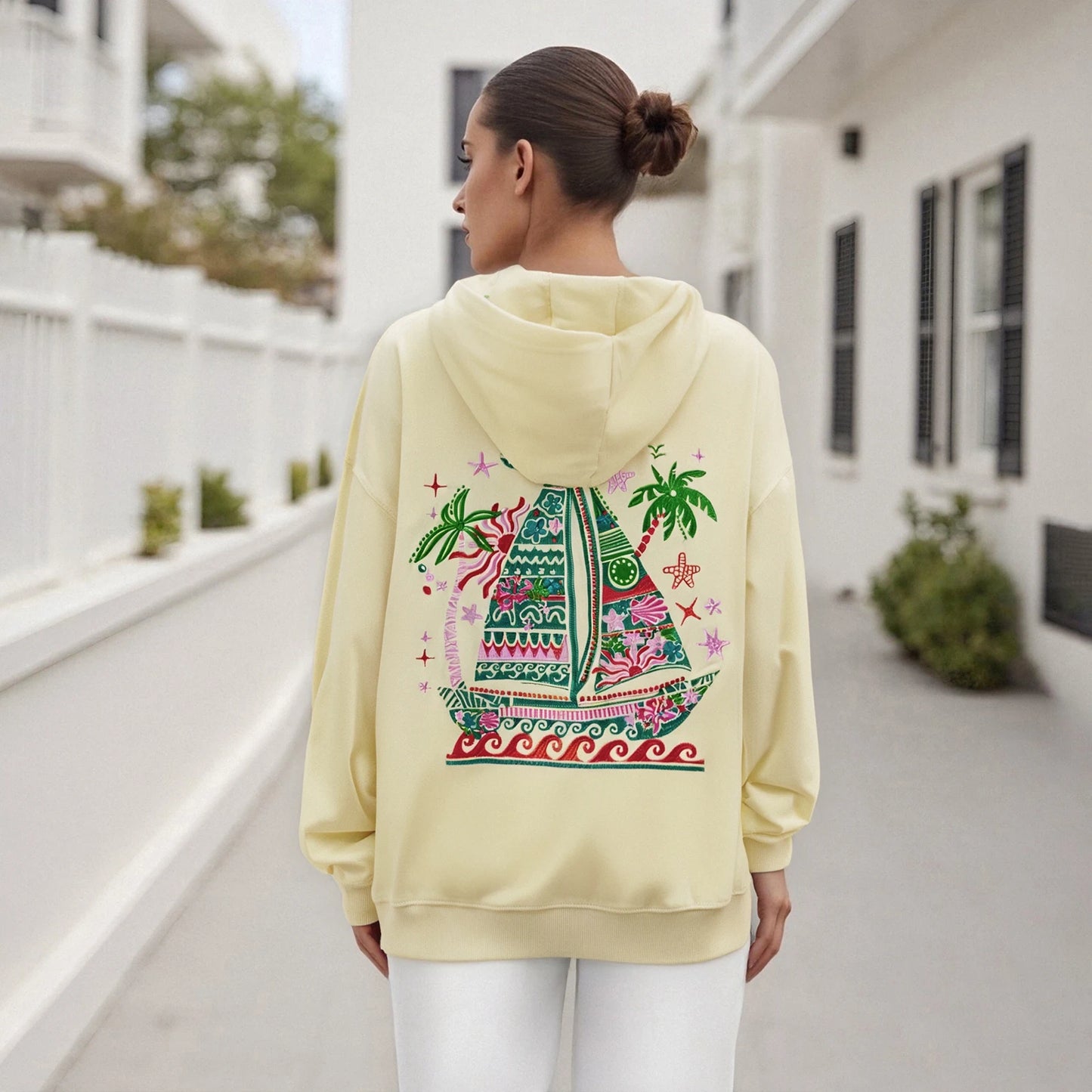 Women's Spring Autumn Hooded Sweatshirt Long Sleeve Pattern Embroidery Hoodie Pullover