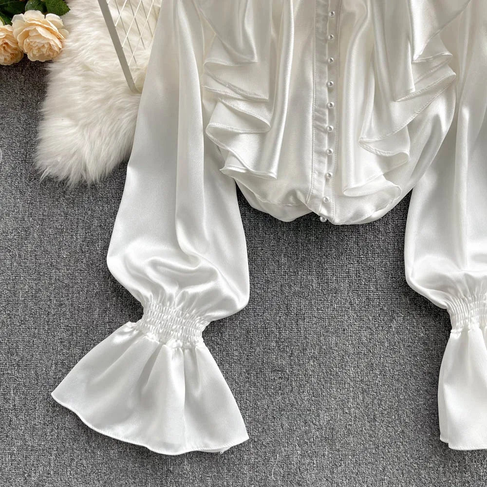 Elegant Satin Ruffle Long Sleeve Blouse for Women