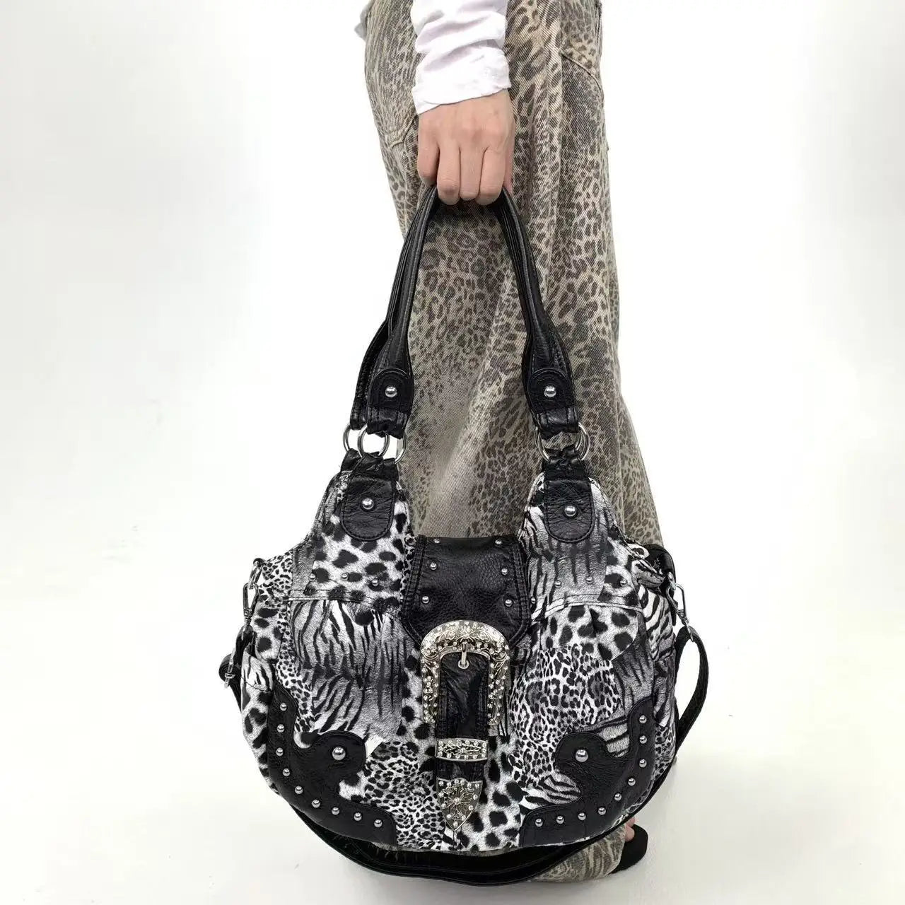 Leopard Print Patchwork Tote Bag with Pockets for Women