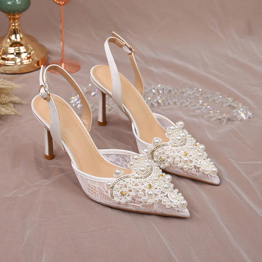 Lace Pearl Beaded Pointed Toe Stiletto Heels for Women