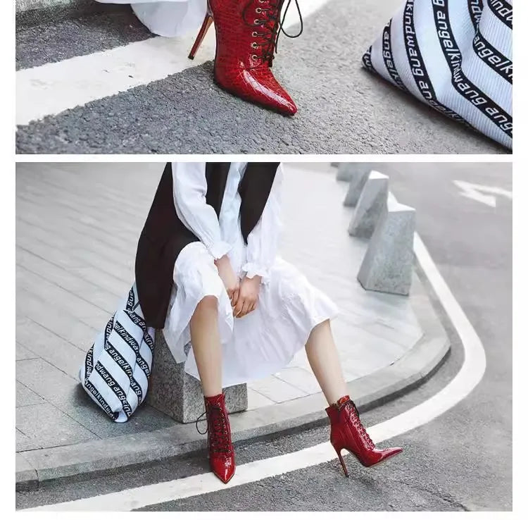 Chic Pointed Stiletto High Heel PU Leather Ankle Boots for Women
