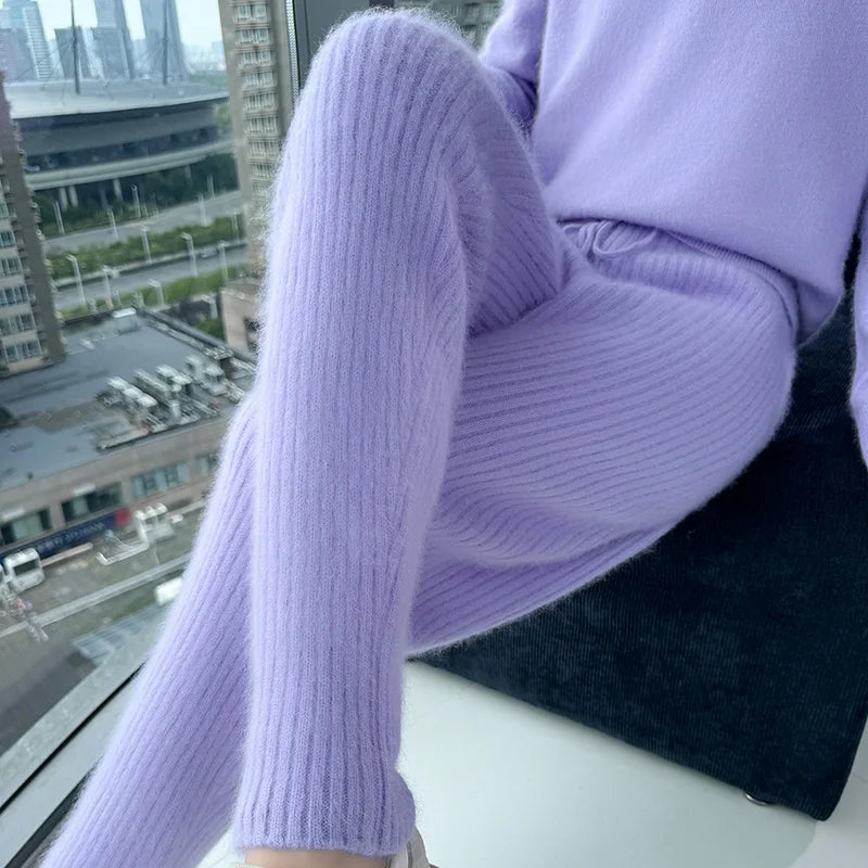Warm Knit Elastic Waist Slim Fit Trousers for Women