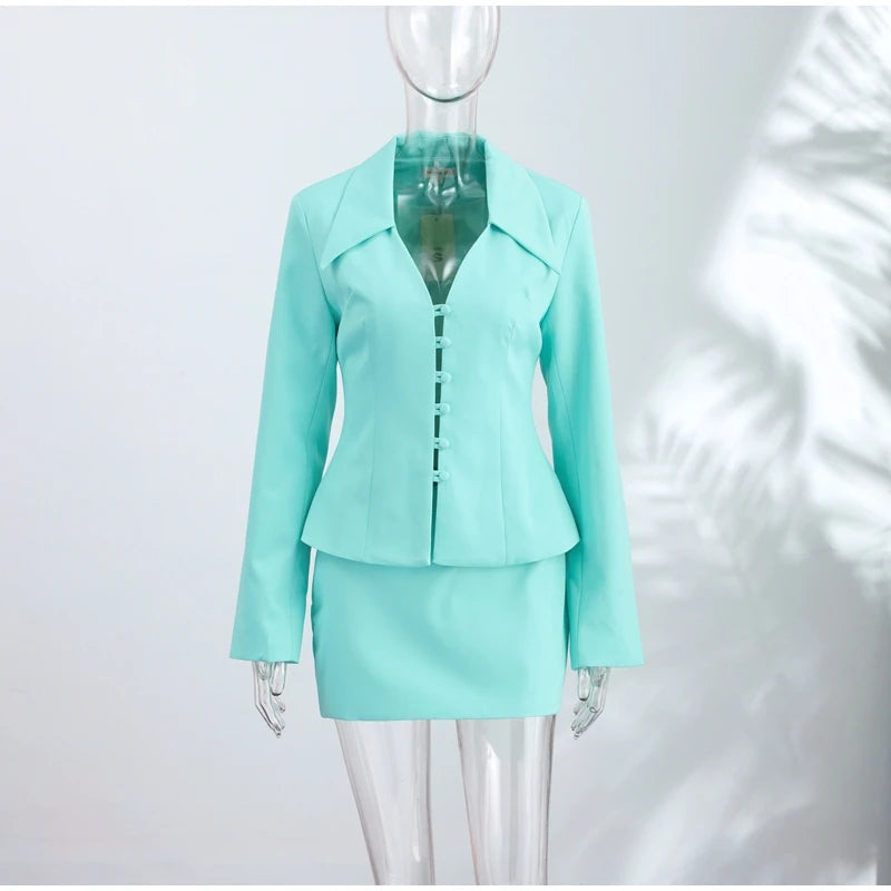 Turn-Down Collar Tailored Blazer Skirt Set for Women