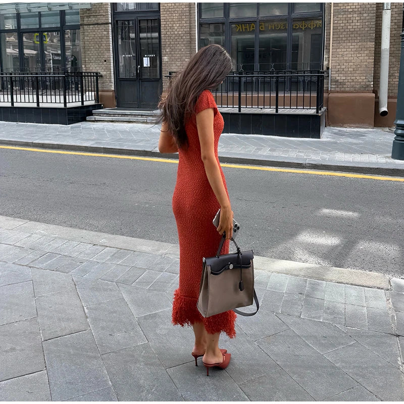 Sequin Knit Short Sleeve Tassel Midi Party Dress for Women