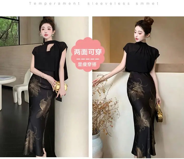 Chiffon Stand Collar Black Printed Three Piece Set for Women