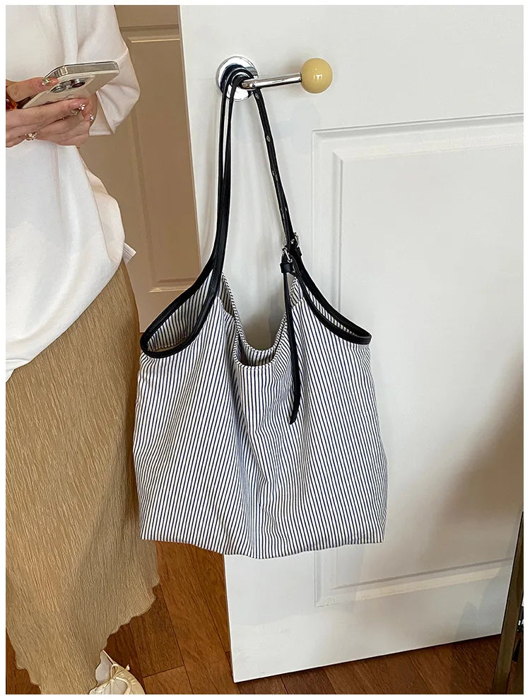 Casual Stripe Canvas Lightweight Shoulder Tote Bag for Women