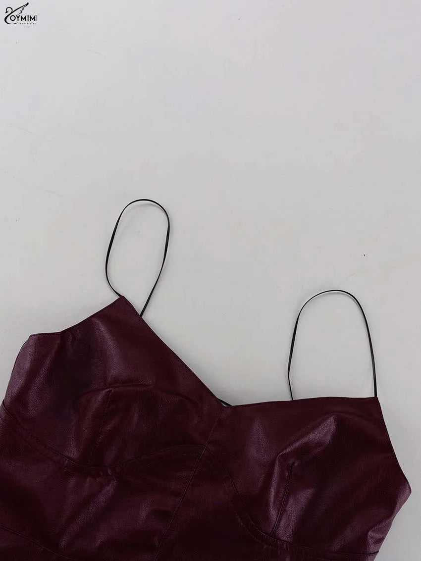 Oymimi Fashion Wine Red Pu Leather Women's Two Pieces Set Elegant Long Sleeve Button Shirts And Spaghetti Strap Mini Dress Sets