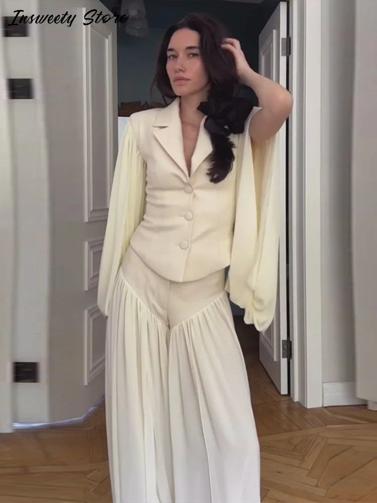 Tailored Lapel Jacket and Pleated Trousers Set for Women