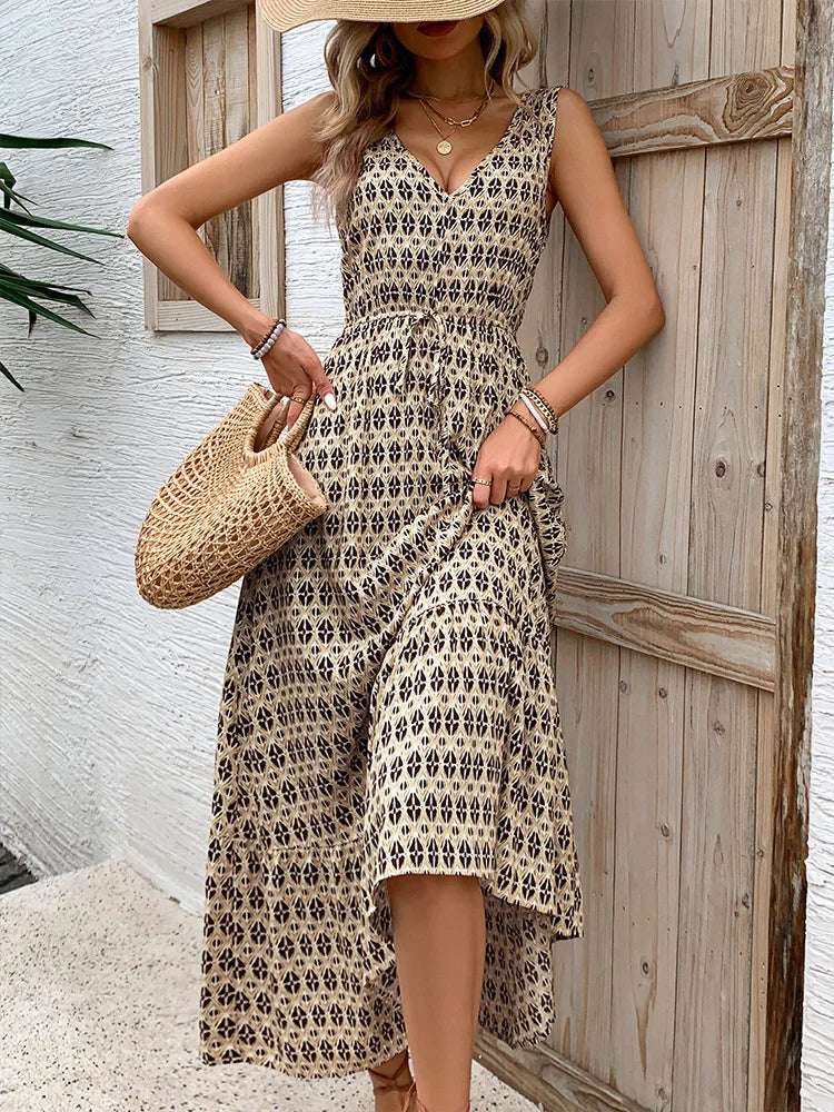 Printed Spaghetti Strap V-Neck Dress With Waist Tie for Women