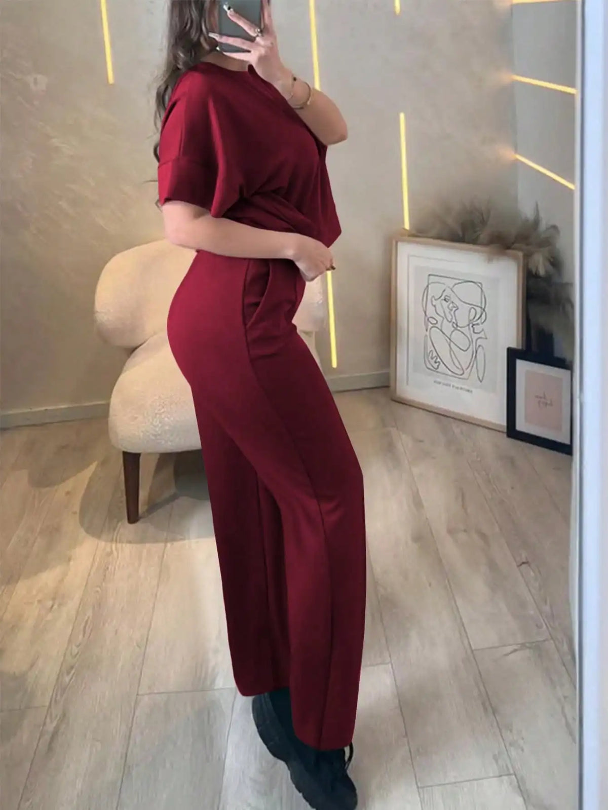 New Spring and Summer Ladies' Set: Comfortable Solid-Color Short-Sleeve Top with Elastic Waist Pocketed Long Pants Two-Piece Set, Soft Stretch Polyester-Acrylic Fabric